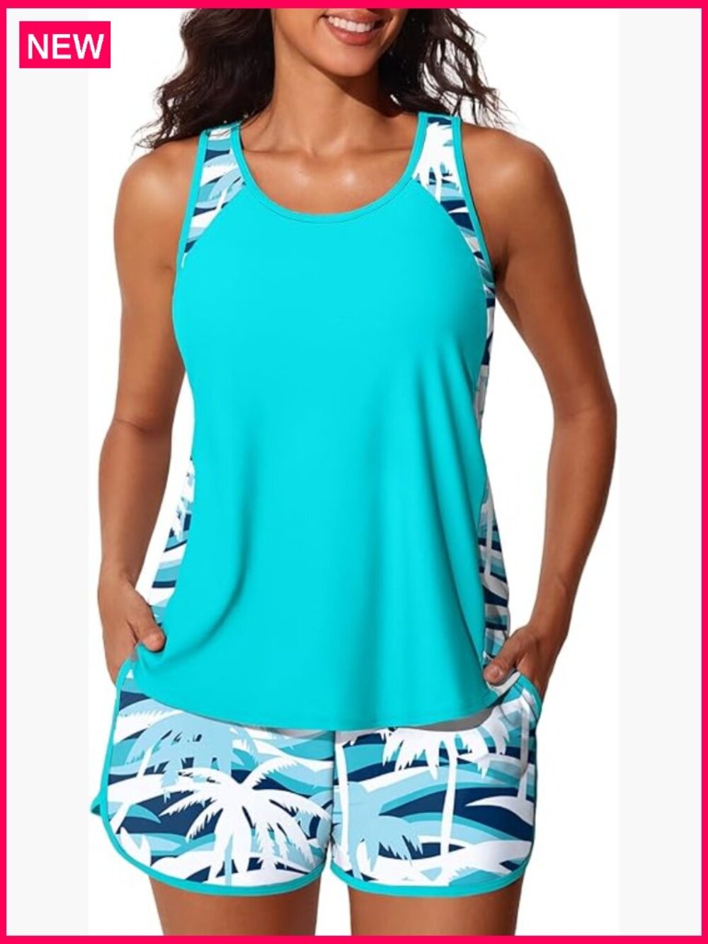 Tummy Control Blouson Tankini Two Piece with Swim Shorts Pockets